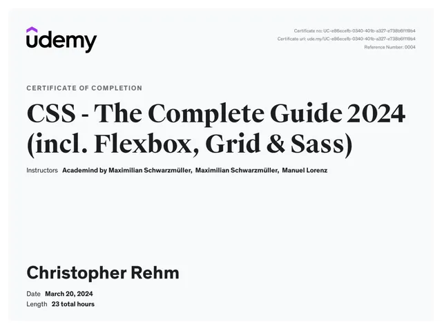Certificate: CSS - The Complete Guide 2024 (incl. Flexbox, Grid & Sass)