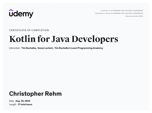 Certificate: Kotlin for Java Developers