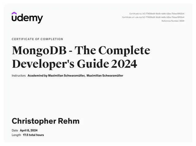 Certificate: MongoDB - The Complete Developer's Guide 2024