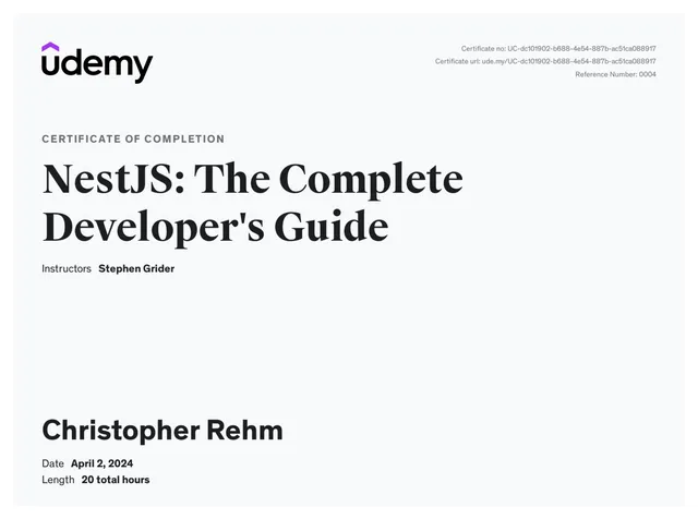 Certificate: NestJS: The Complete Developer's Guide