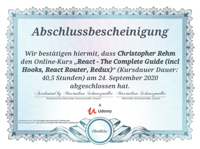 Certificate: React - The Complete Guide (incl. Hooks, React Router, Redux)