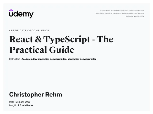 Certificate: React & TypeScript - The Practical Guide