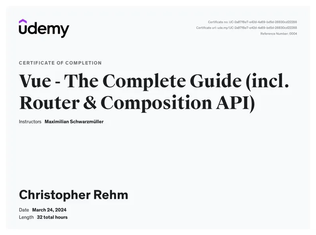 Certificate: Vue - The Complete Guide (incl. Router & Composition API)