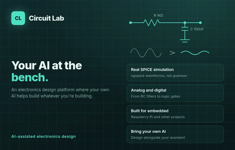 Circuit Lab — AI-assisted electronics design: your own AI helps build your circuit, with real SPICE simulation.